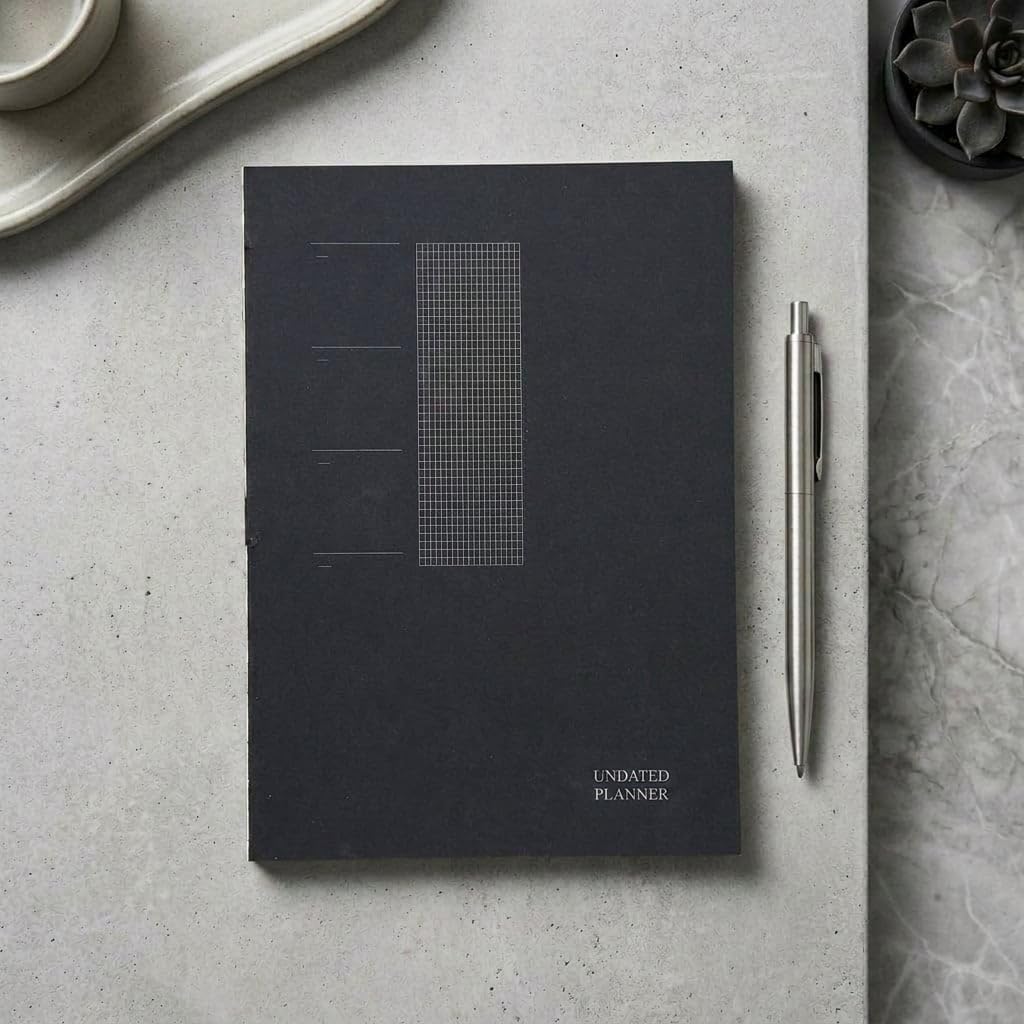Paperto. A5 Tarihsiz Yıllık Planlayıcı (14,8 x 21 cm) - 180° Açılabilir, Sırtı Dikişli,%100 El İşçiliği, 136 Yaprak (272 Sayfa), 110 gr Ivory Kağıt (Siyah Kapak, İngilizce)