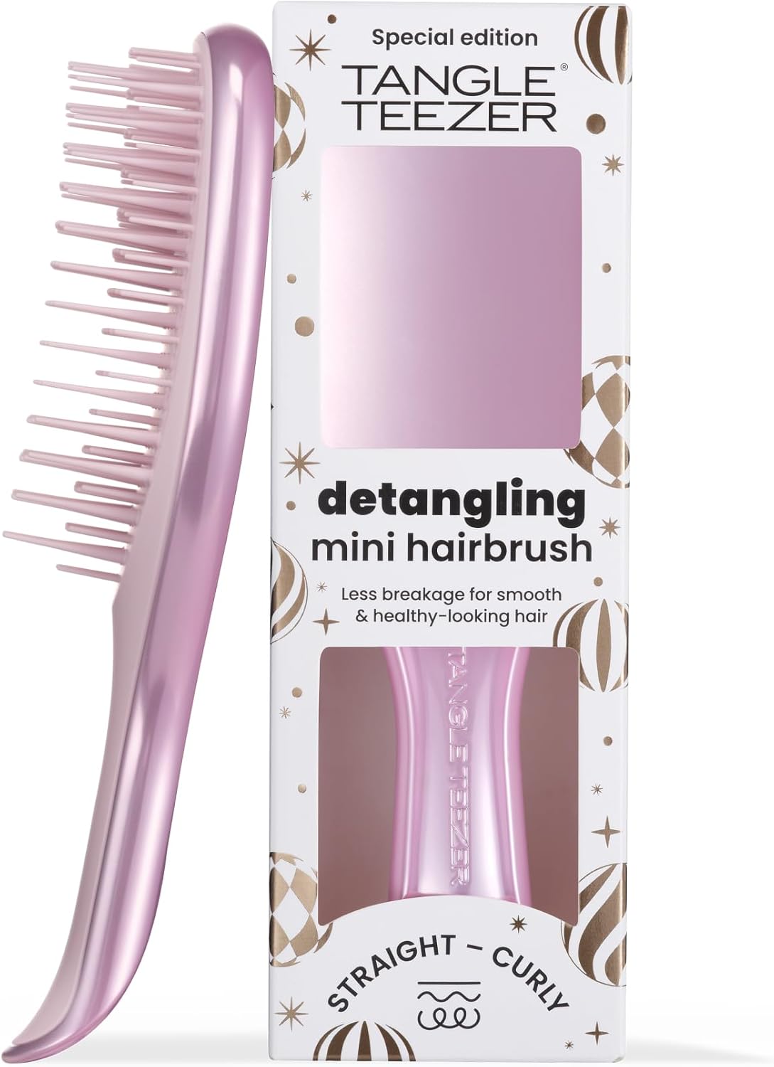 Mini Ultimate Detangler Chrome Saç Açıcı Fırça Islak ve Kuru Saçlar İçin Satin Pink Patentli Çift Katmanlı Diş Teknolojisi Seyahat Boyu