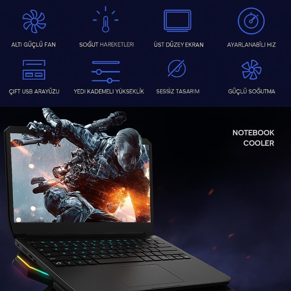 Led Işıklı Ayarlanabilir 7 Kademeli Stand 6 Fanlı Göstergeli Notebook Laptop Soğutucu Turbo Fan