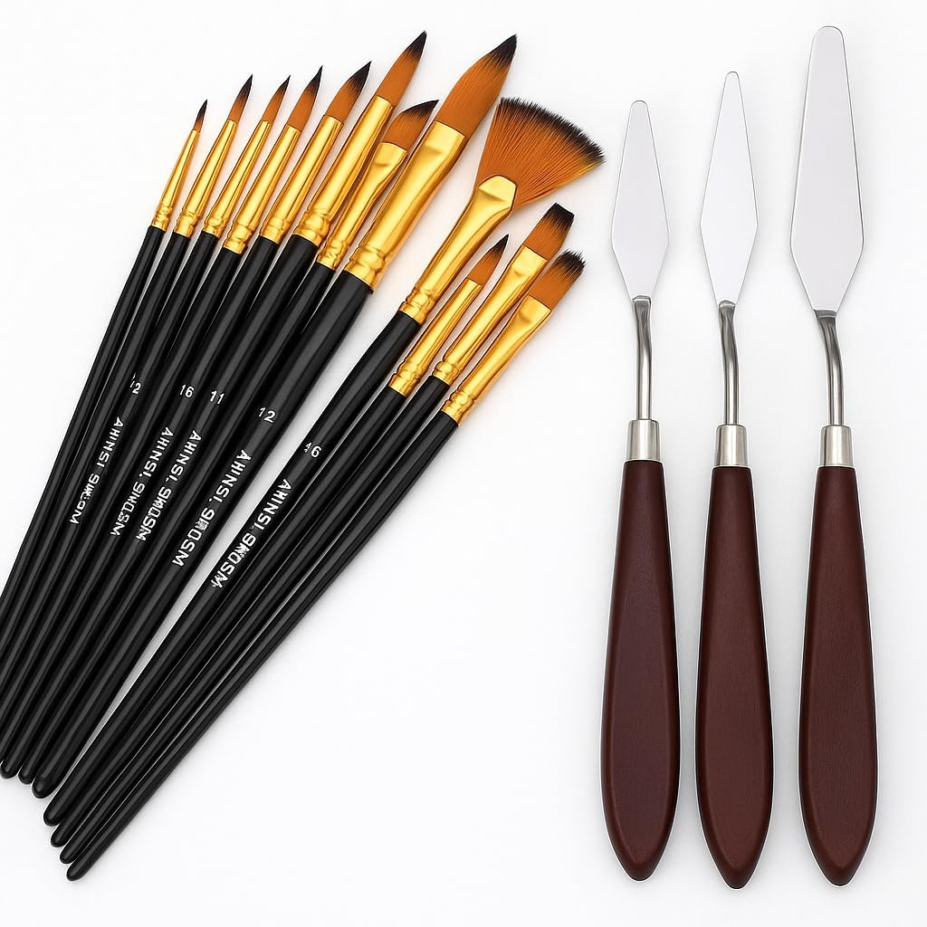 Ressam Sanat Malzemeleri Seti 12’li Fırça Seti + 5’li Metal Spatula | Akrilik, Suluboya, Yağlıboya için Profesyonel Sanat Malzemesi Sanatçı, Öğrenci, Hobi Kullanımı