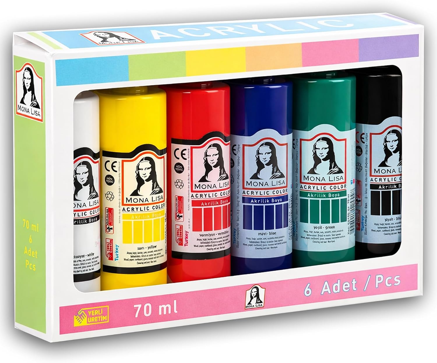 Mona Lisa Akrilik Boya Seti 6 Renk 70 ml. Akrilik Boya Seti Tuval, Ahşap, Taş, Seramik ve Hobi Boyama İçin Yoğun Pigmentli Çocuklar için Sanat Boyası