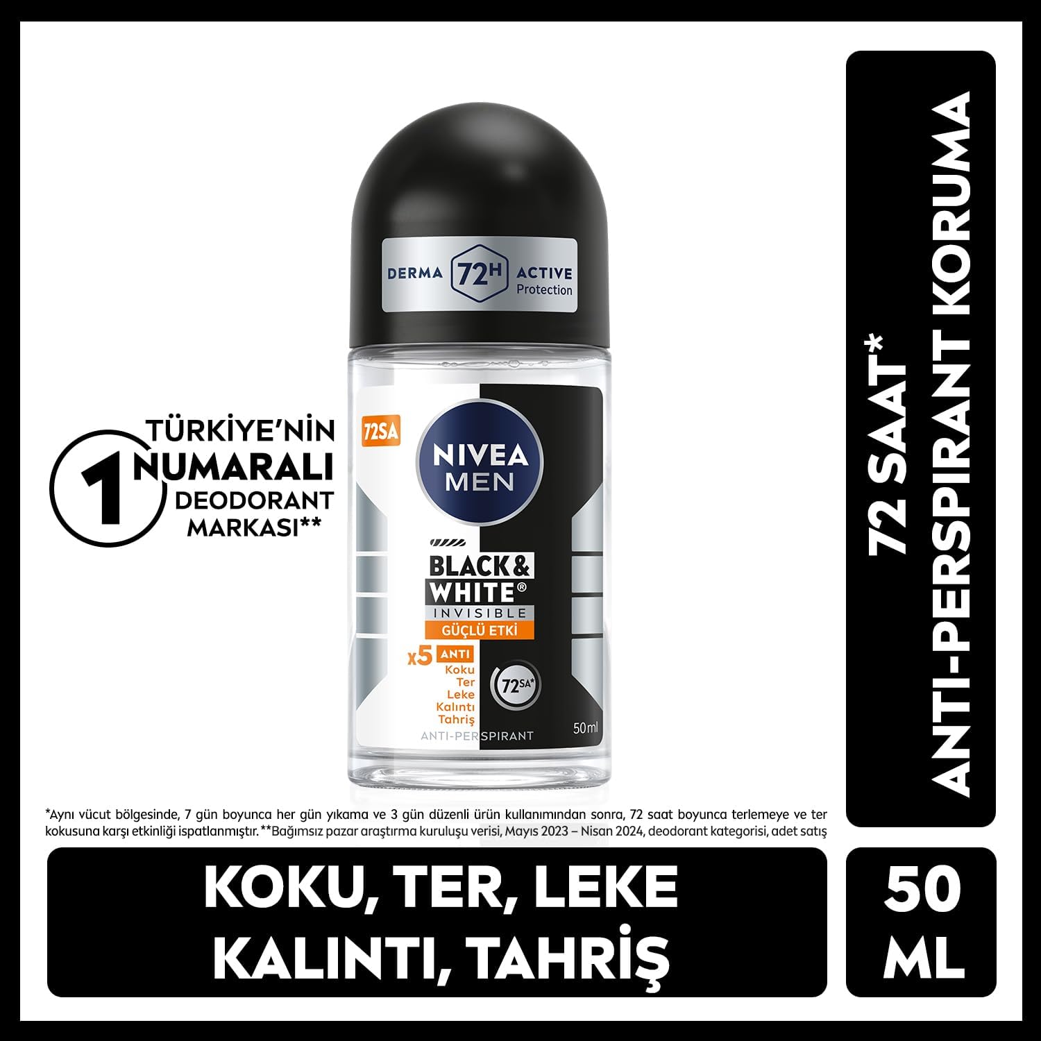 Men Erkek Roll On Deodorant Black&White Invisible Güçlü Etki 50 ml,72 Saat Anti-perspirant Koruma
