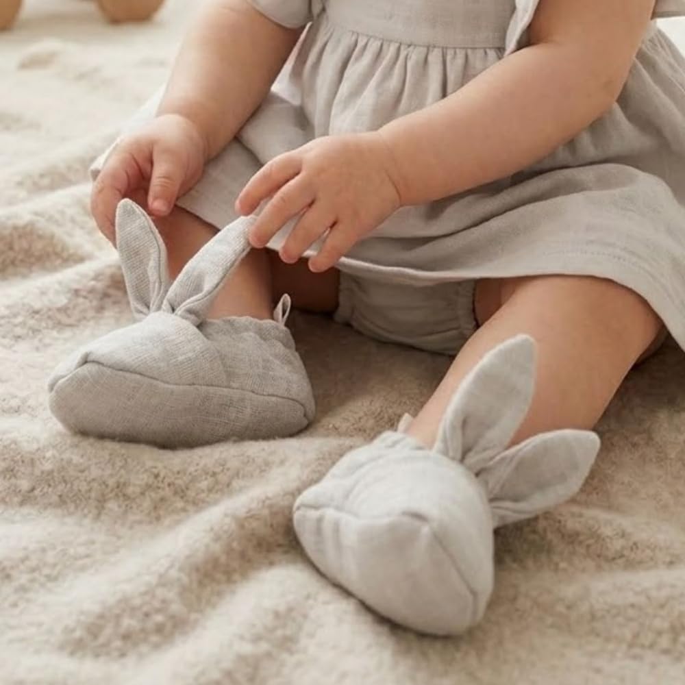 % 100 Pamuk Tavşan Kulaklı Müslin Bebek Patik – Cotton Grey- Gri 6-12 Ay TKSOCK1006