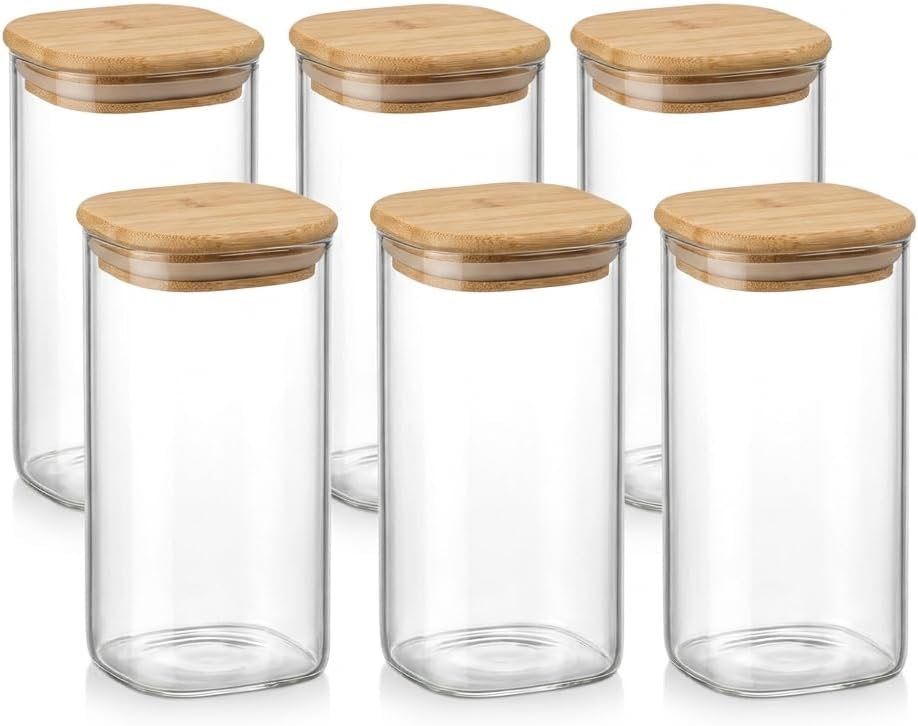 6 Adet Bambu Kapaklı Kare Cam Kavanoz 300 ml, Şeffaf Erzak Saklama Kabı, Silikon Contalı Kapaklı Mutfak Düzenleyici Kavanoz Seti, Baharat, Kahve, Çay, Kuruyemiş, Gıda Saklama Kabı