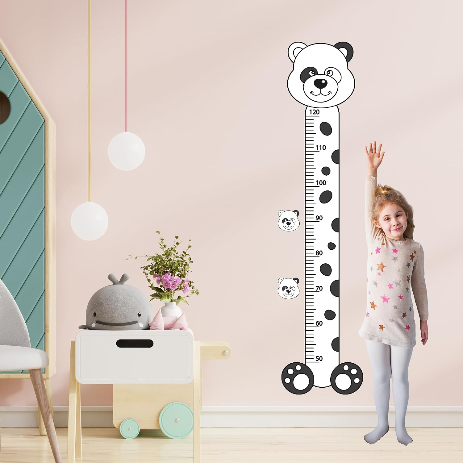 Panda Temalı Çocuk Boy Ölçer Sticker – Siyah Beyaz Minimal Duvar Dekoru
