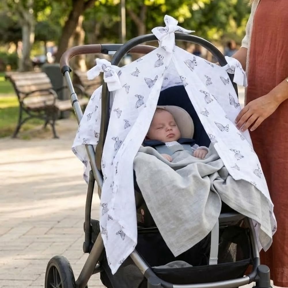 % 100 Pamuk Müslin Puset Örtüsü Iconique Lapin - Gri Tavşan Desenli