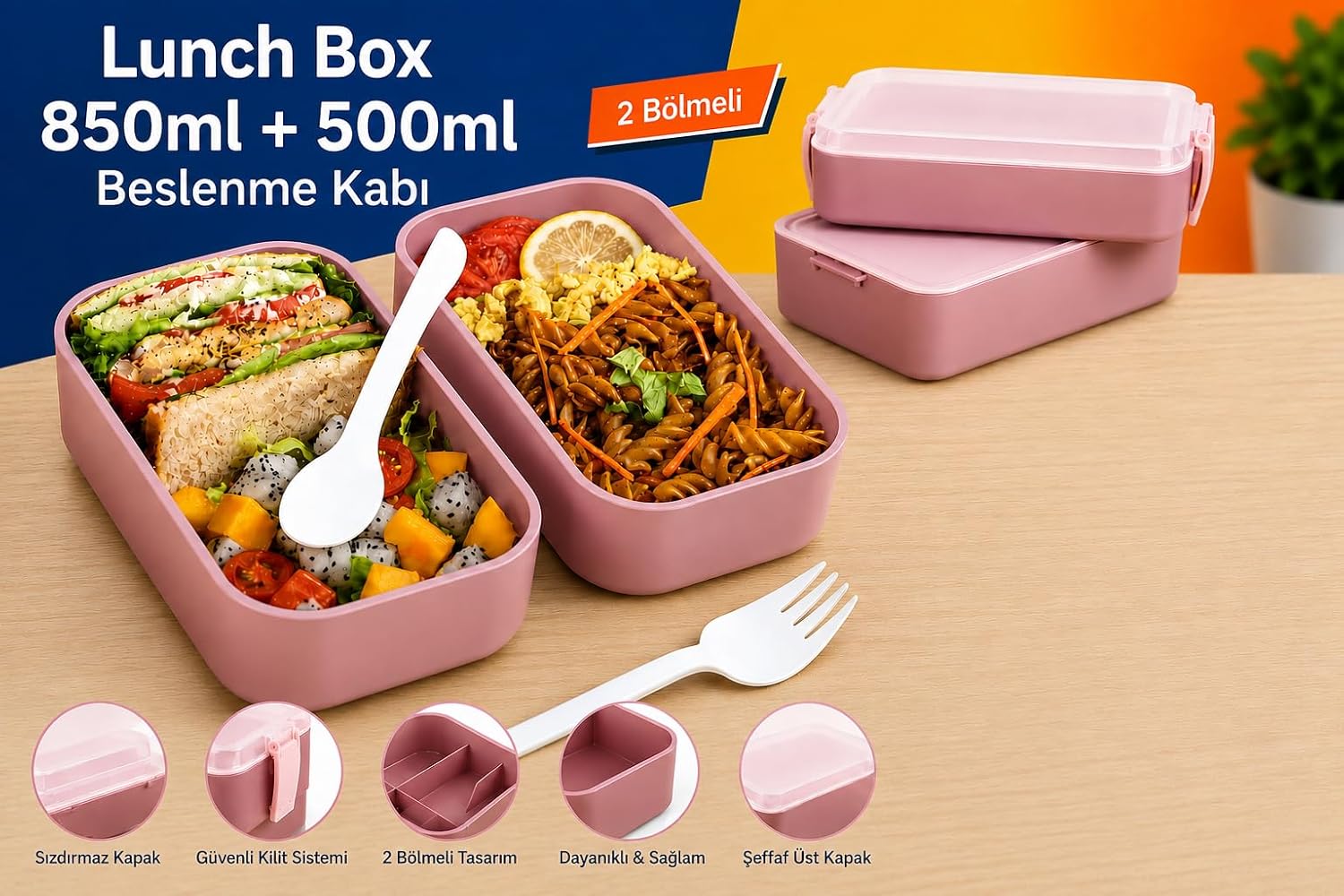 DORDOİ ASTRALLİFE 2 Katlı Beslenme Kabı 850 ml + 500 ml Bölmeli Lunch Box Çatal Kaşık Seti Pembe Renk