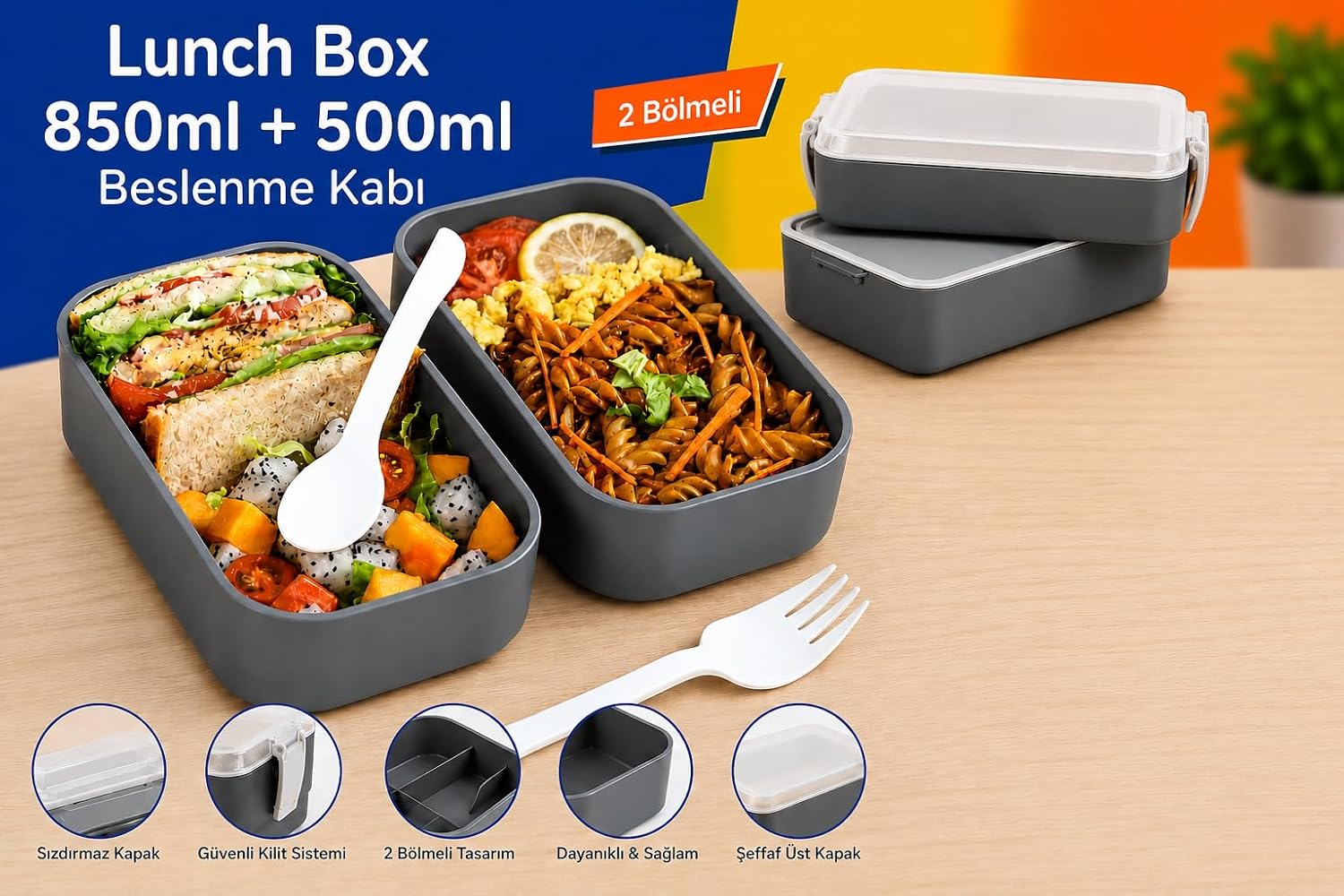 DORDOİ ASTRALLİFE 2 Katlı Beslenme Kabı 850 ml + 500 ml Bölmeli Lunch Box Çatal Kaşık Seti Gri Renk