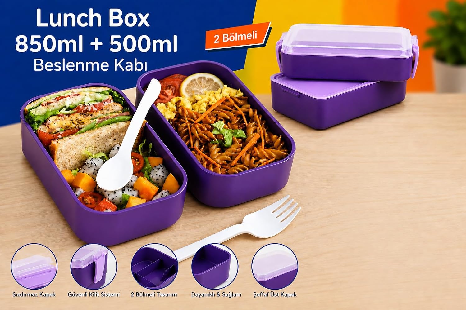 DORDOİ ASTRALLİFE 2 Katlı Beslenme Kabı 850 ml + 500 ml Bölmeli Lunch Box Çatal Kaşık Seti Mor Renk
