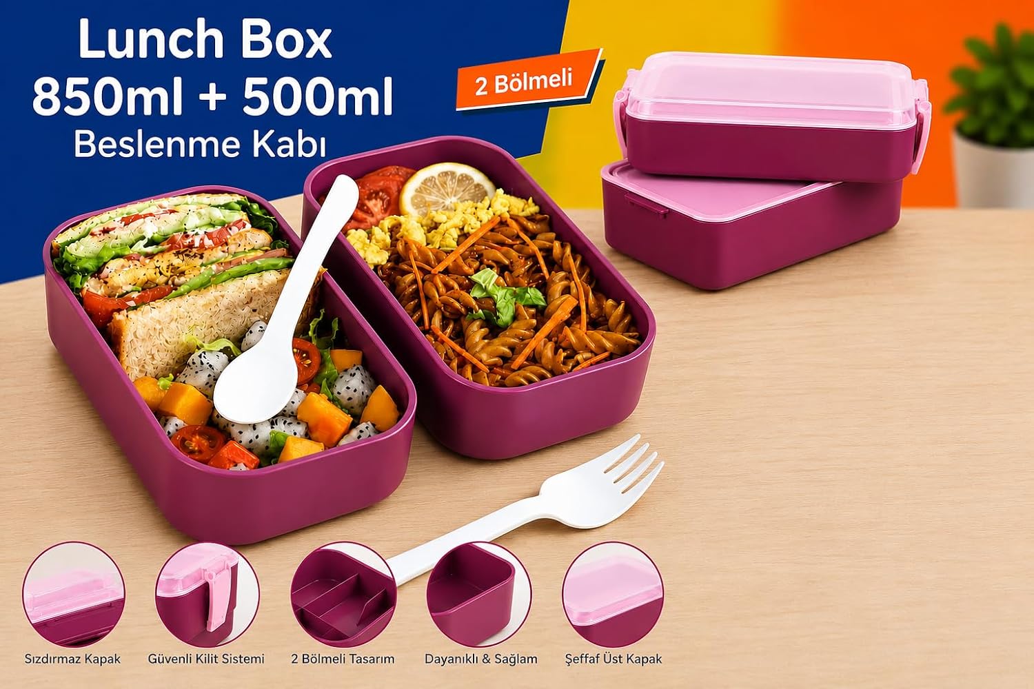 DORDOİ ASTRALLİFE 2 Katlı Beslenme Kabı 850 ml + 500 ml Bölmeli Lunch Box Çatal Kaşık Seti Mürdüm Renk