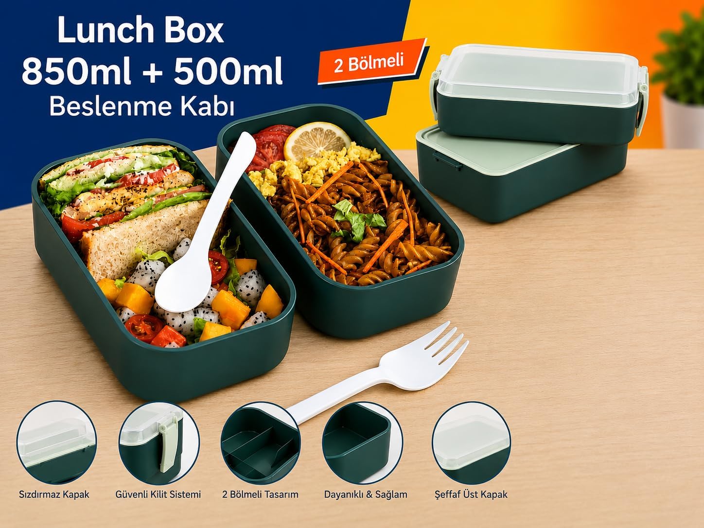 DORDOİ ASTRALLİFE 2 Katlı Beslenme Kabı 850 ml + 500 ml Bölmeli Lunch Box Çatal Kaşık Seti Yeşil Renk