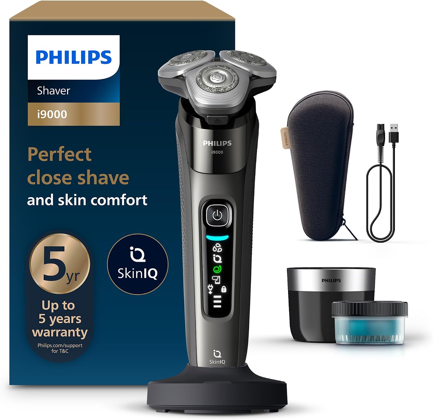 i9000 SkinIQ Islak ve Kuru Tıraş Makinesi, 360° Hassas Başlıklar, Yapay Zeka Destekli, Temizleme Ünitesi ve Seyahat Çantası Hediyeli, X9002/30
