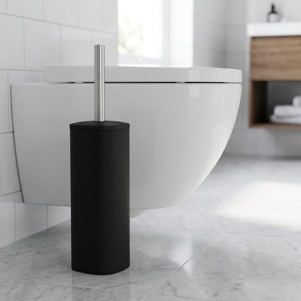 Paslanmaz Çelik Saplı WC Fırçalık Siyah, Kapaklı Tuvalet Fırçası ve Standı, Kompakt Banyo WC Temizlik Seti, 38,5 cm