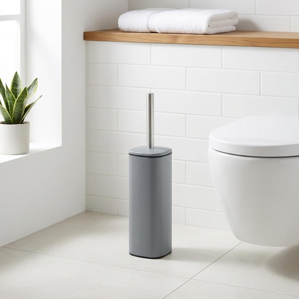 Paslanmaz Çelik Saplı WC Fırçalık Gri, Kapaklı Tuvalet Fırçası Seti, Hijyenik Saklama Hazneli Banyo ve WC Fırçası, 38,5 cm