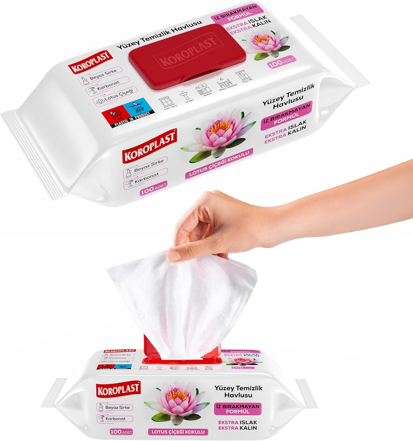 Yüzey Temizlik Havlusu 100 Yaprak, İz Bırakmayan Lotus Kokulu Yüzey Temizlik Mendili 100'lü, Beyaz Sirke & Karbonat İçeren Islak Havlu & Mendil, Cam Ayna, Ev Ofis, Araba Araç Temizliği