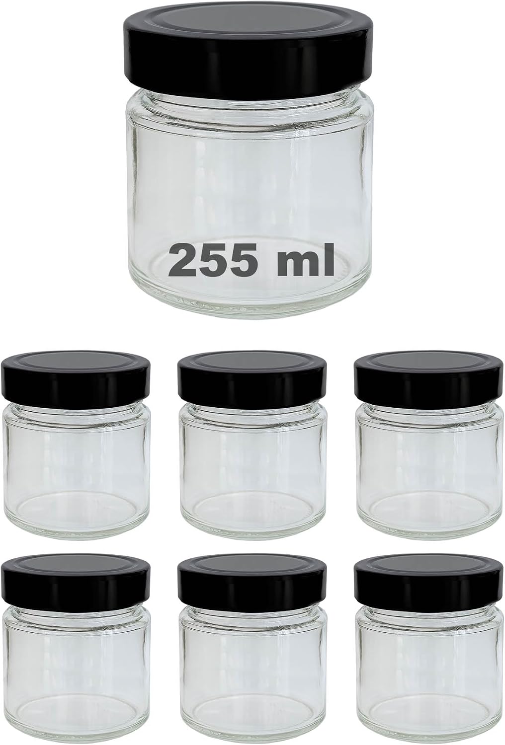 255 ml Kavanoz Metal Derin Kapaklı 255 Cc Şeffaf Reçel, Marmelat Cam Kavanoz Deep 6 Adet (Siyah Kapak)