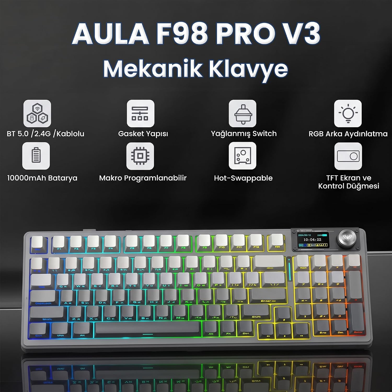 F98 Pro V3 OLED Ekranlı Crystal Switch Makrolu Kablosuz RGB Hot-Swap Gasket Pre-Lubed Switch Mekanik Klavye Gradyan Gri