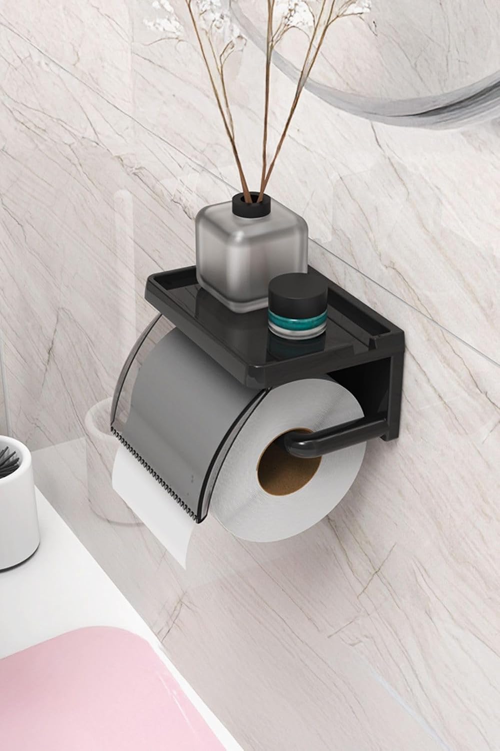 Yapışkanlı Kapaklı Tuvalet Kağıdı Askısı Banyo Tuvalet Kağıtlığı Aparatı Peçetelik Organizer Plastik, Siyah
