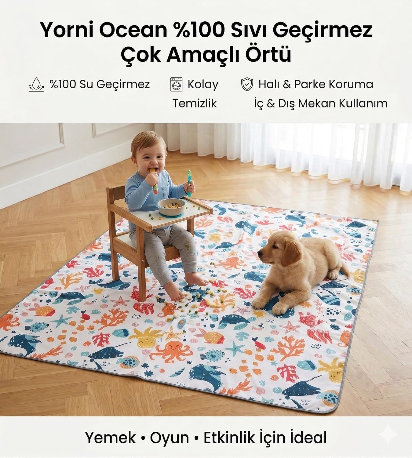 Sıvı Geçirmez Çok Amaçlı Yer Örtüsü Splat Mat - Mama Sandalyesi Altı, Yemek, Boyama ve Oyun için Zemin Koruyucu, Makinede Yıkanabilir, 145x180 cm