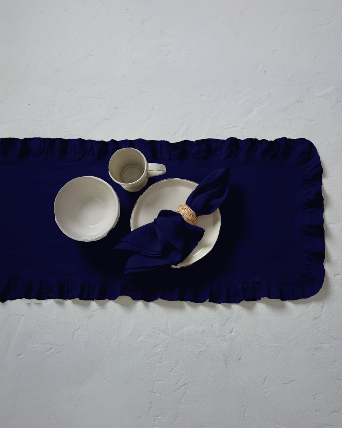 Rufle | Fırfırlı Keten Runner 40 X 110 Cm (Lacivert)