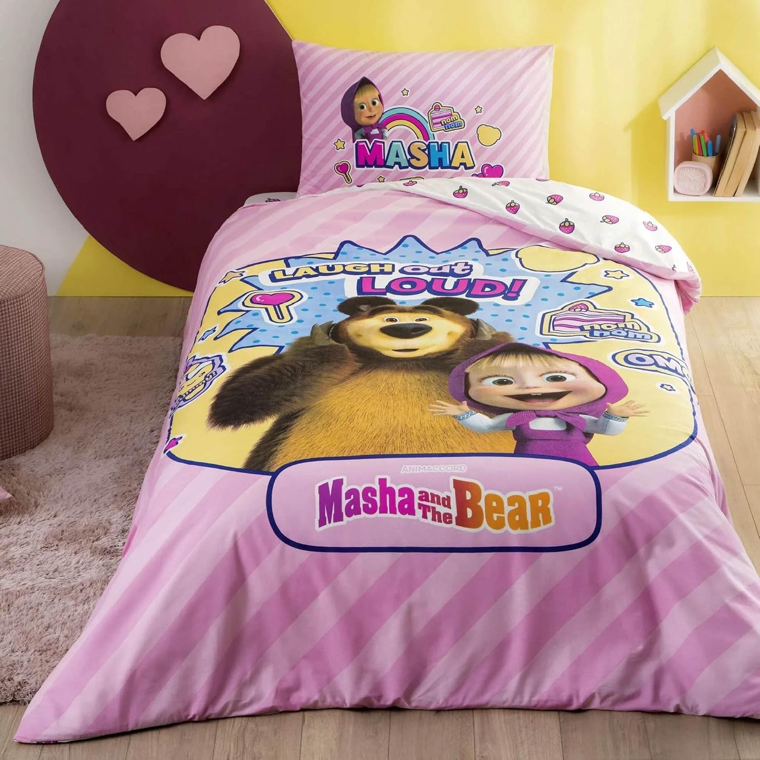 Masha & The Bear Super Cute Renkli Klişe Pamuk Nevresim Takımı, Çok Renkli, Küçük Tek Kişilik