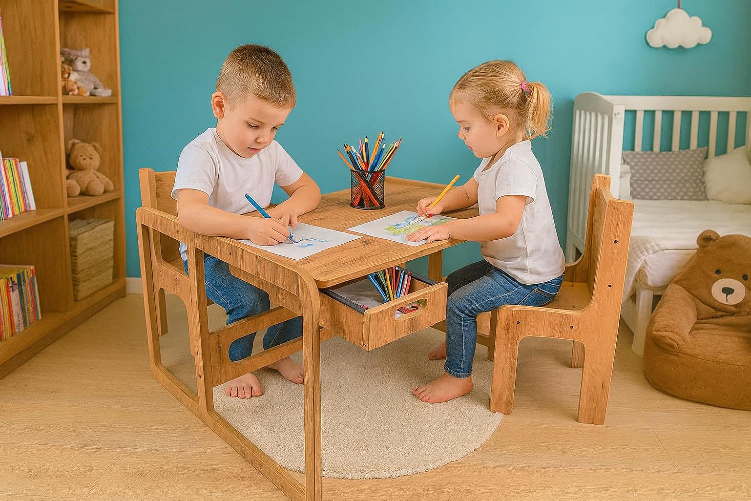 İki Kişilik Çekmeceli Ahşap Çocuk Oyun & Aktivite Masa ve Sandalye Takımı - 18mm Ceviz Renk MDF