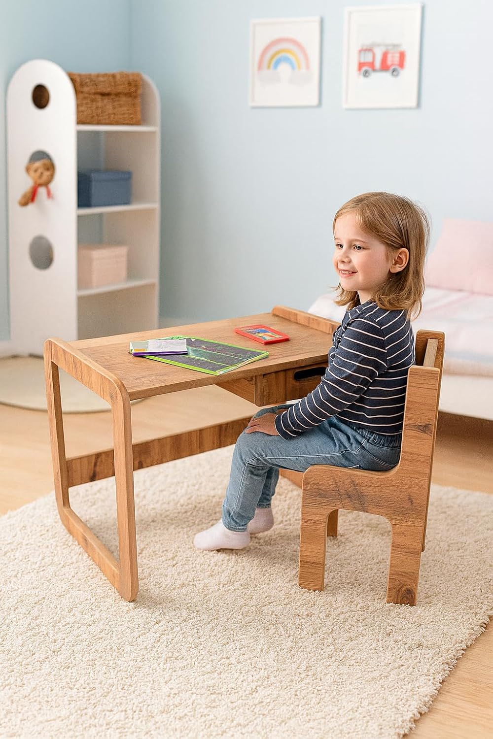 Tek Kişilik Çekmeceli Ahşap Çocuk Oyun & Aktivite Masa ve Sandalye Takımı - 18mm Ceviz Renk MDF