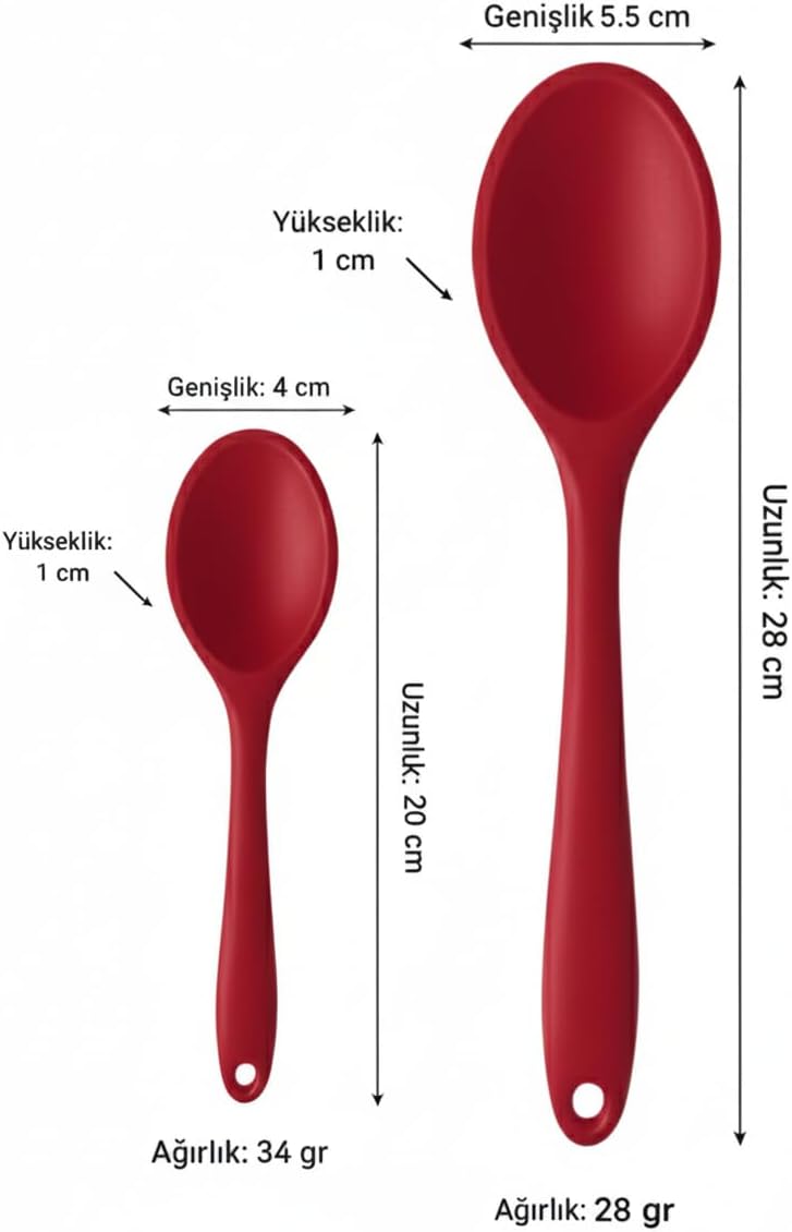 Silikon Kaşık + Silikon Mama Kaşığı 2’li Set - Isıya Dayanıklı, Çizmez, Tek Parça Tasarım (Kırmızı)