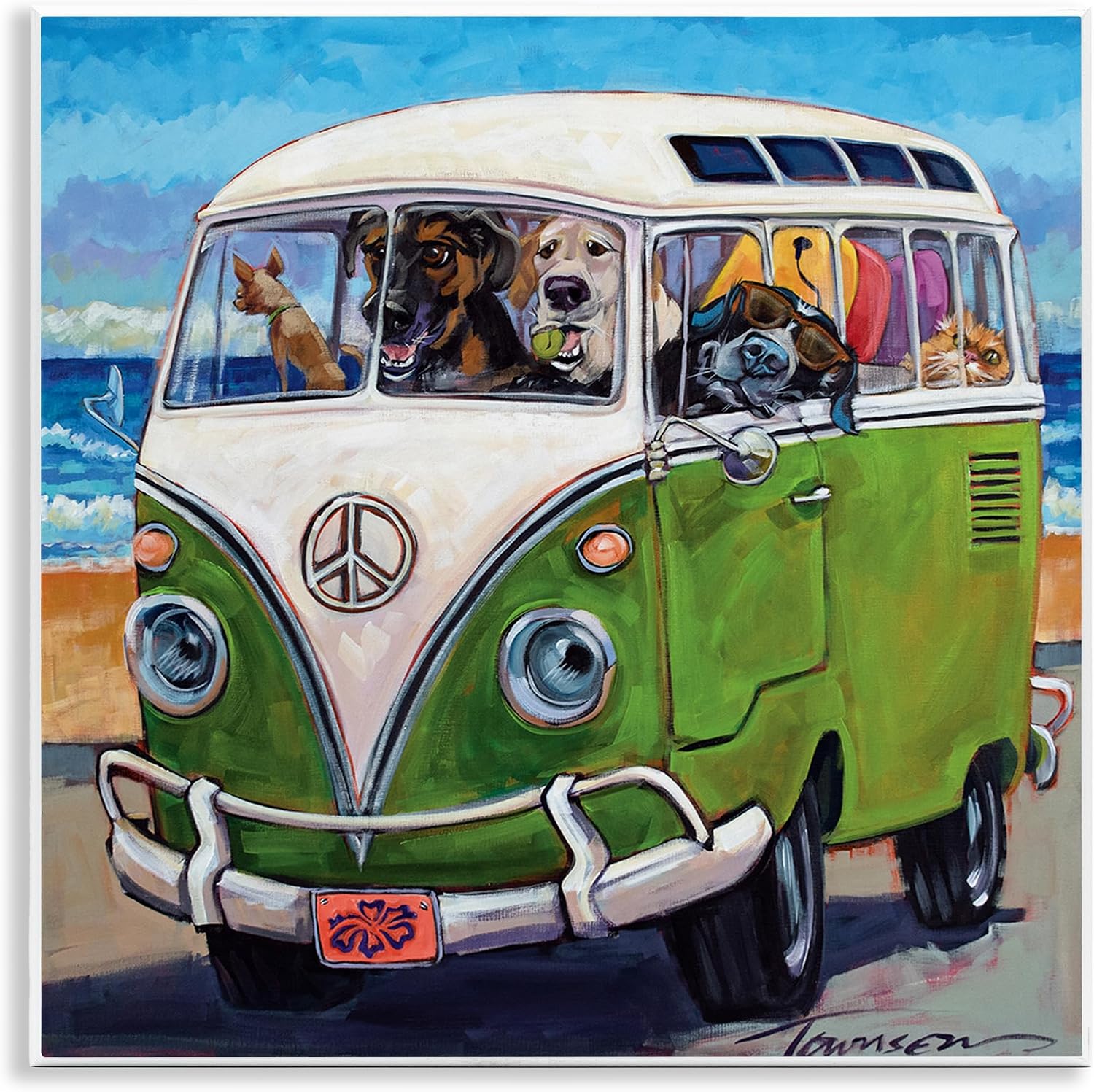 Köpekler Sürüş Retro Minibüs Yaz Plaj Gezisi, CR Townsend Duvar Plakası, 12 x 12, Çok Renkli
