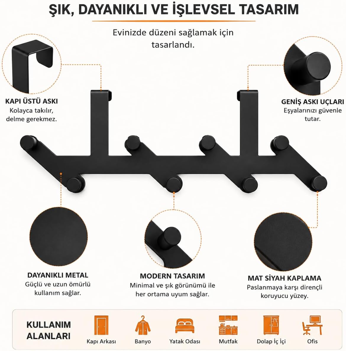 8 Kancalı Metal Kapı Arkası Askı, Amerikan Kapı Arkası Çapraz Askılık, Mat Siyah Kapı Üstü Elbise Havlu Çanta Askısı, Delmeden Dolap Banyo Mutfak Organizeri 52 cm