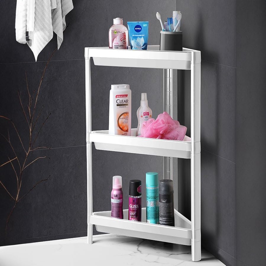 3 Katlı Üçgen Köşe Rafı | Banyo, Mutfak ve Kiler İçin Yer Tasarruflu Organizer | Çok Amaçlı Raf Ünitesi | 3 Farklı Renk Seçeneği | (33x71x33cm) (BEYAZ)