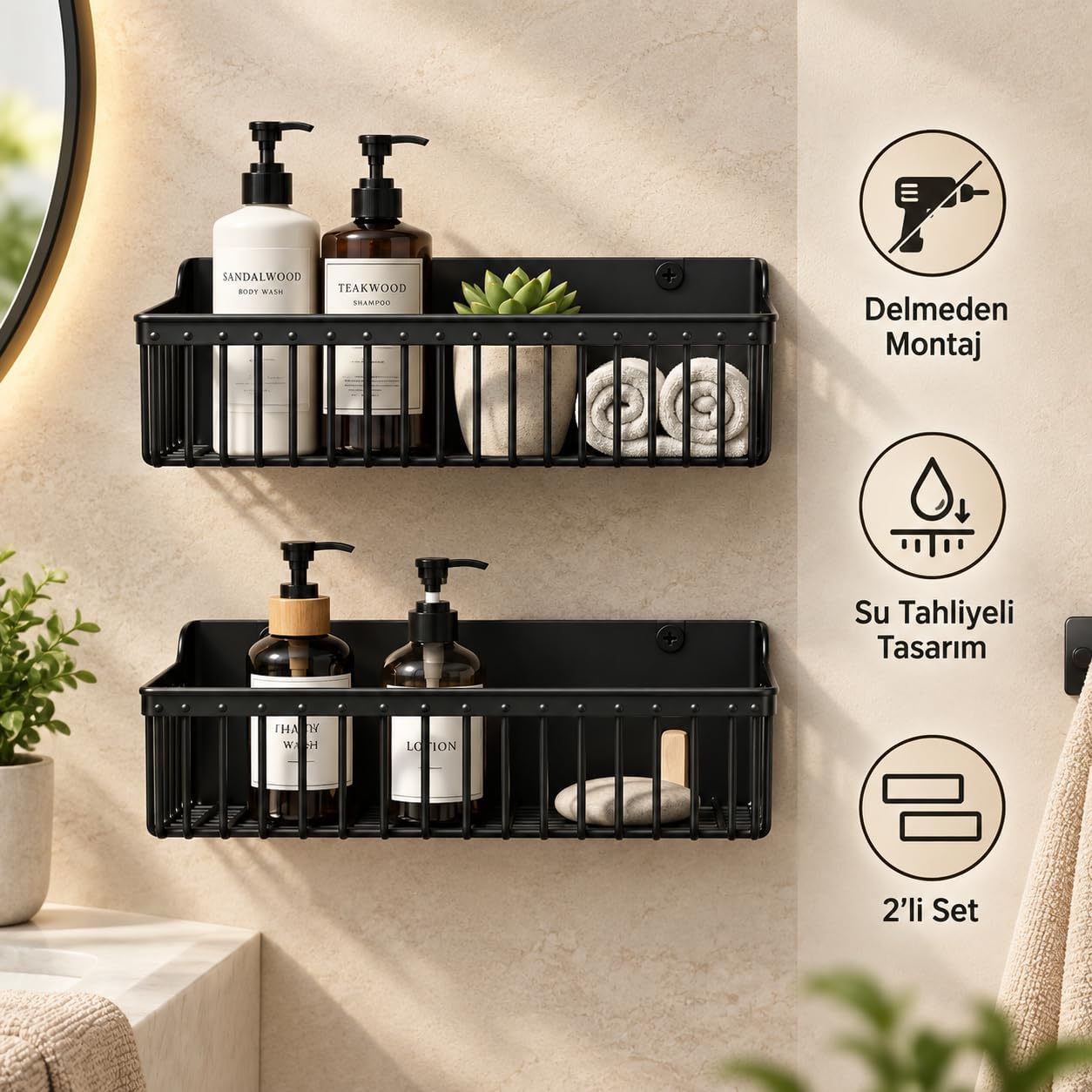 2’li Yapışkanlı Banyo ve Mutfak Rafı, Siyah Plastik 25 x 10 x 10 cm, Su Tahliyeli Duş Organizeri, Askılı Duvar Düzenleyici