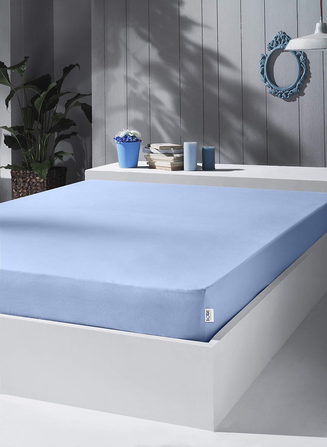 Kobe Home Örme Penye Lastikli Çarşaf, Battal Çift Kişilik, Açık Mavi, Pamuk-Elastan 230 G/M2
