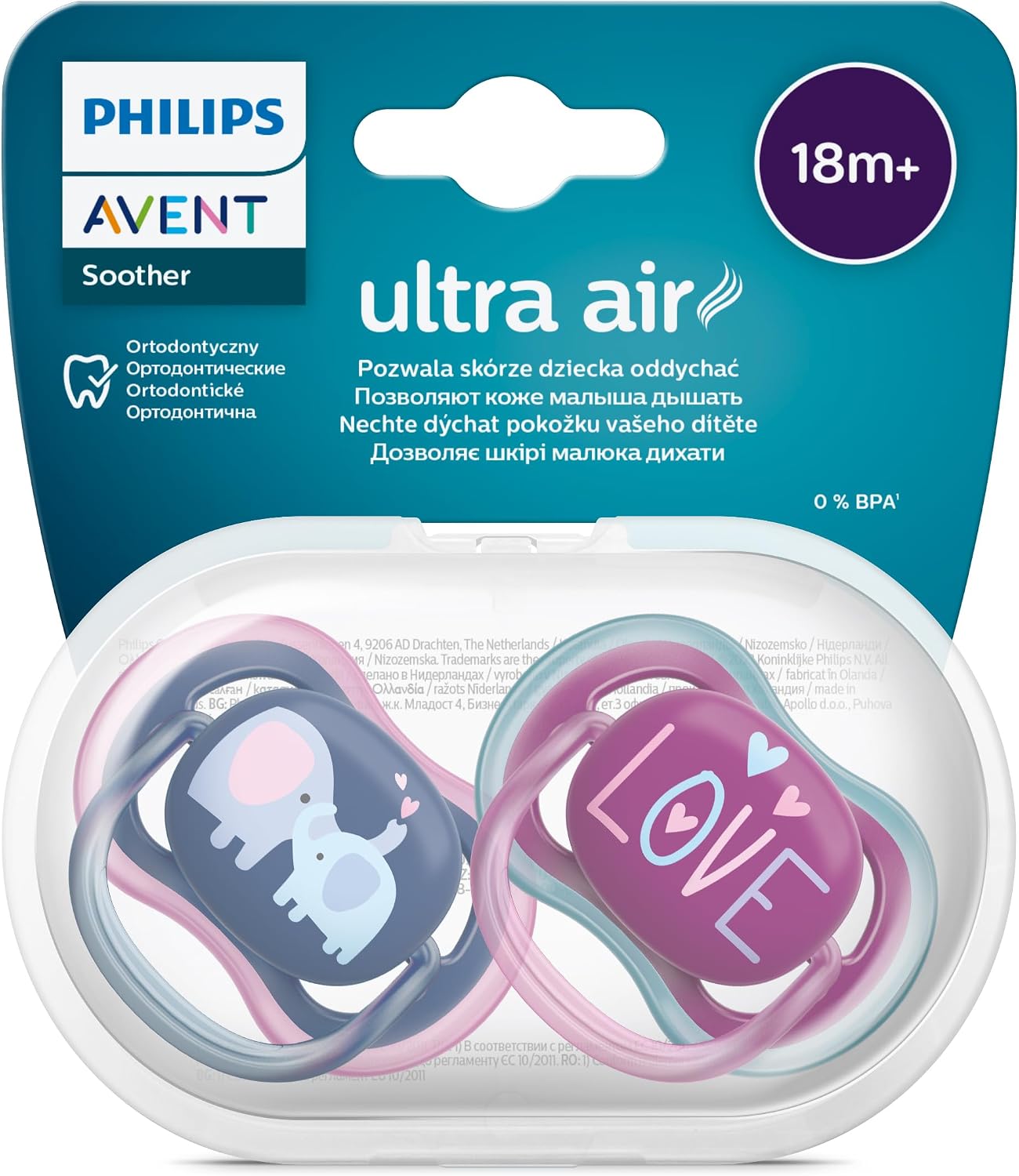 Philips Ultra Air Emzik, 18 Ay+, Kız Bebekler için, 2’li Paket, Ortodontik Silikon, Geniş Hava Delikli, Mikrodalga Sterilize Edilebilir, BPA İçermez, Taşıma Kutulu, SCF349/22