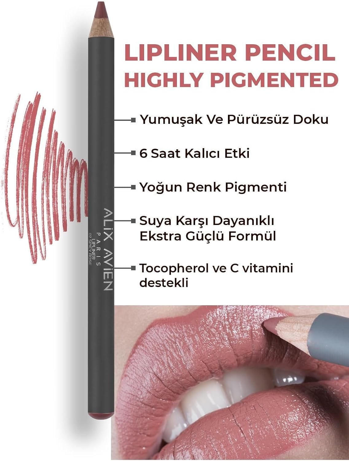 Uzun Süre Kalıcı Dağılma Yapmayan Nemlendirici Dudak Kalemi - Lipliner Pencil 07 Spicy Rose