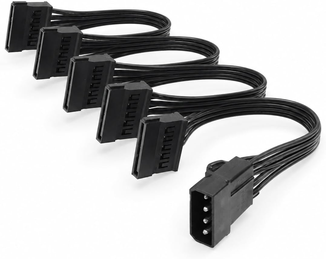 PrimeX PX-4355 Molex to SATA Power Çoklayıcı Kablo, 4 Pin IDE PSU to 5 Port SATA Güç Kablosu, 60 cm%100 Saf Bakır HDD SSD DVD Güç Bağlantı Kablosu, PC Kasa İçi SATA Power Splitter