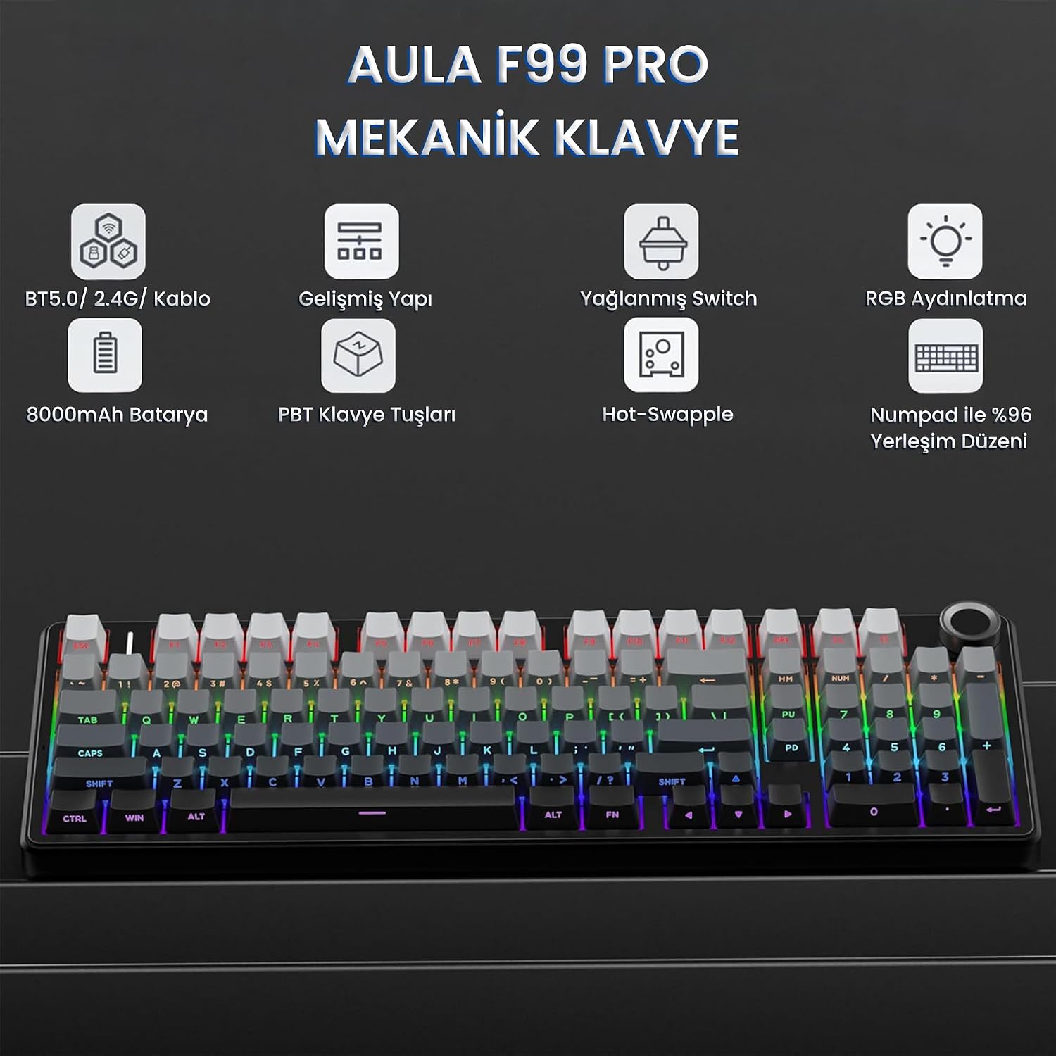 F99 Pro 3 Modlu RGB Hot Swap Mekanik Nimbus V3 Switch Kablosuz Makrolu Klavye Gradyan Gri