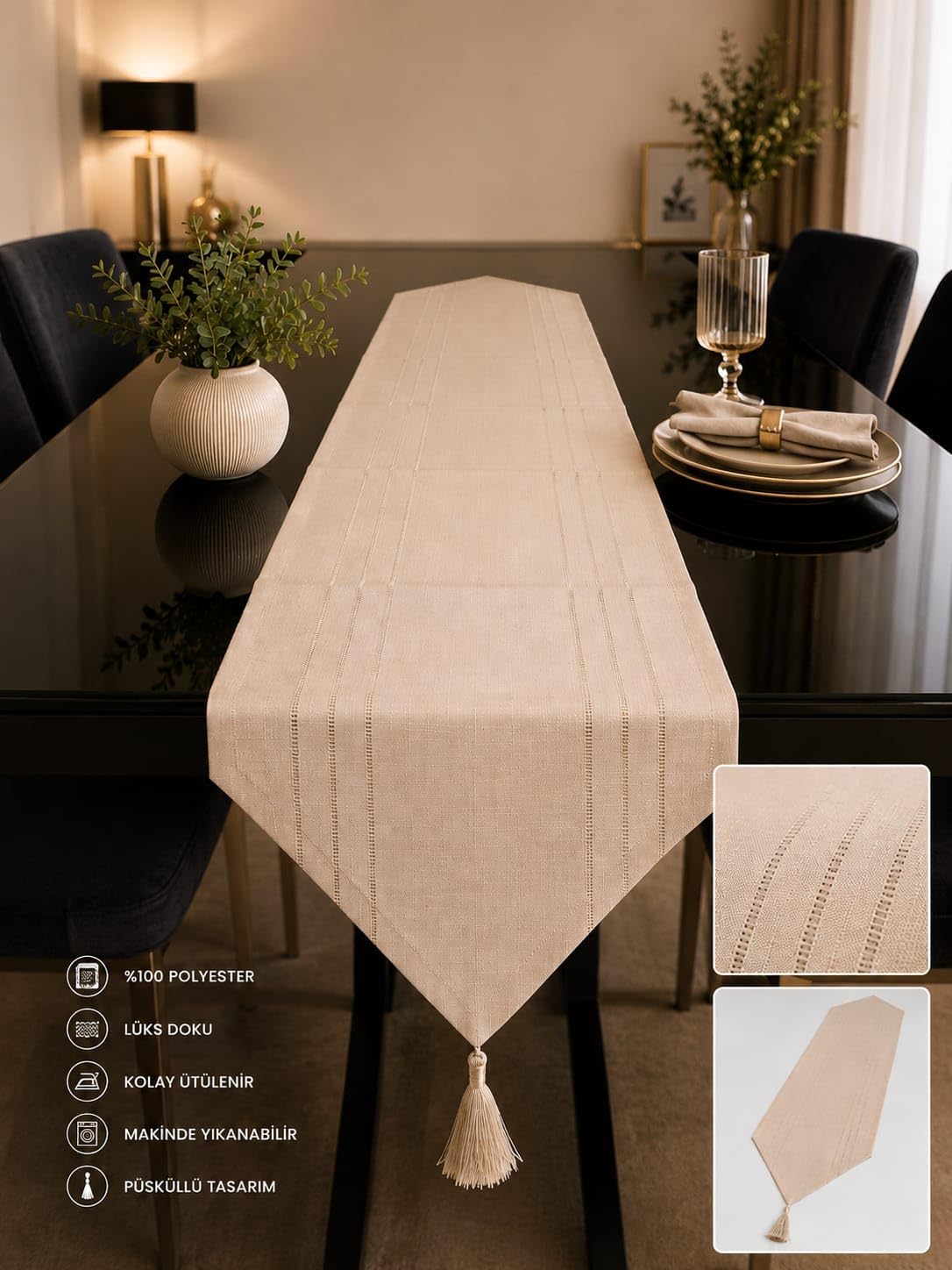 Runner leke tutmaz dertsiz kumaş dekoratif çeyiz Cappuccino 35x140