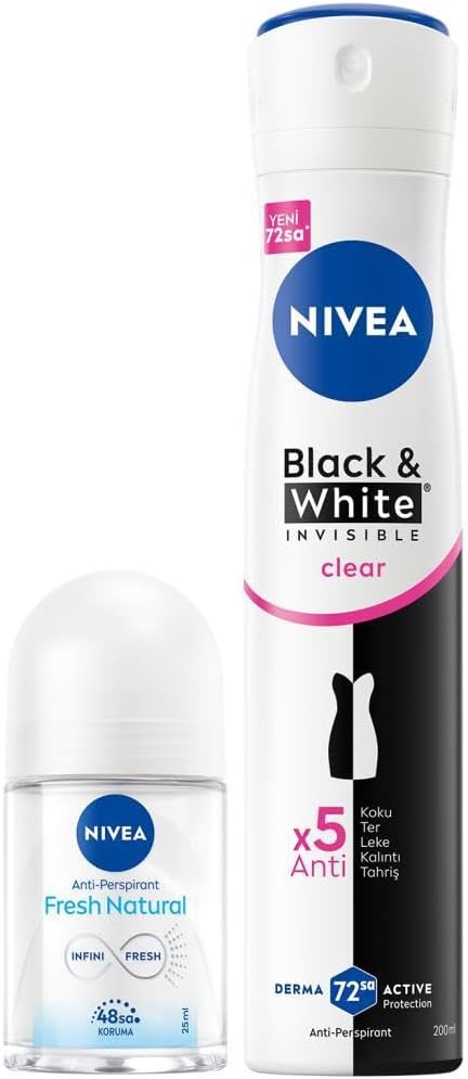 Kadın Sprey Deodorant Black & White Invisible Clear 200ml ve Mini Roll-on 25ml, Avantajlı Paket