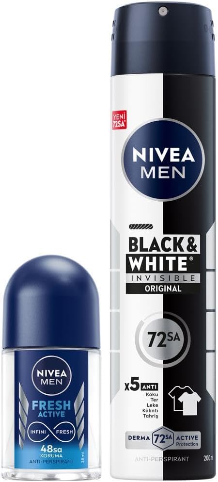 MEN Erkek Sprey Deodorant Black & White Invisible Original 200ml ve Fresh Active Mini Roll-on 25