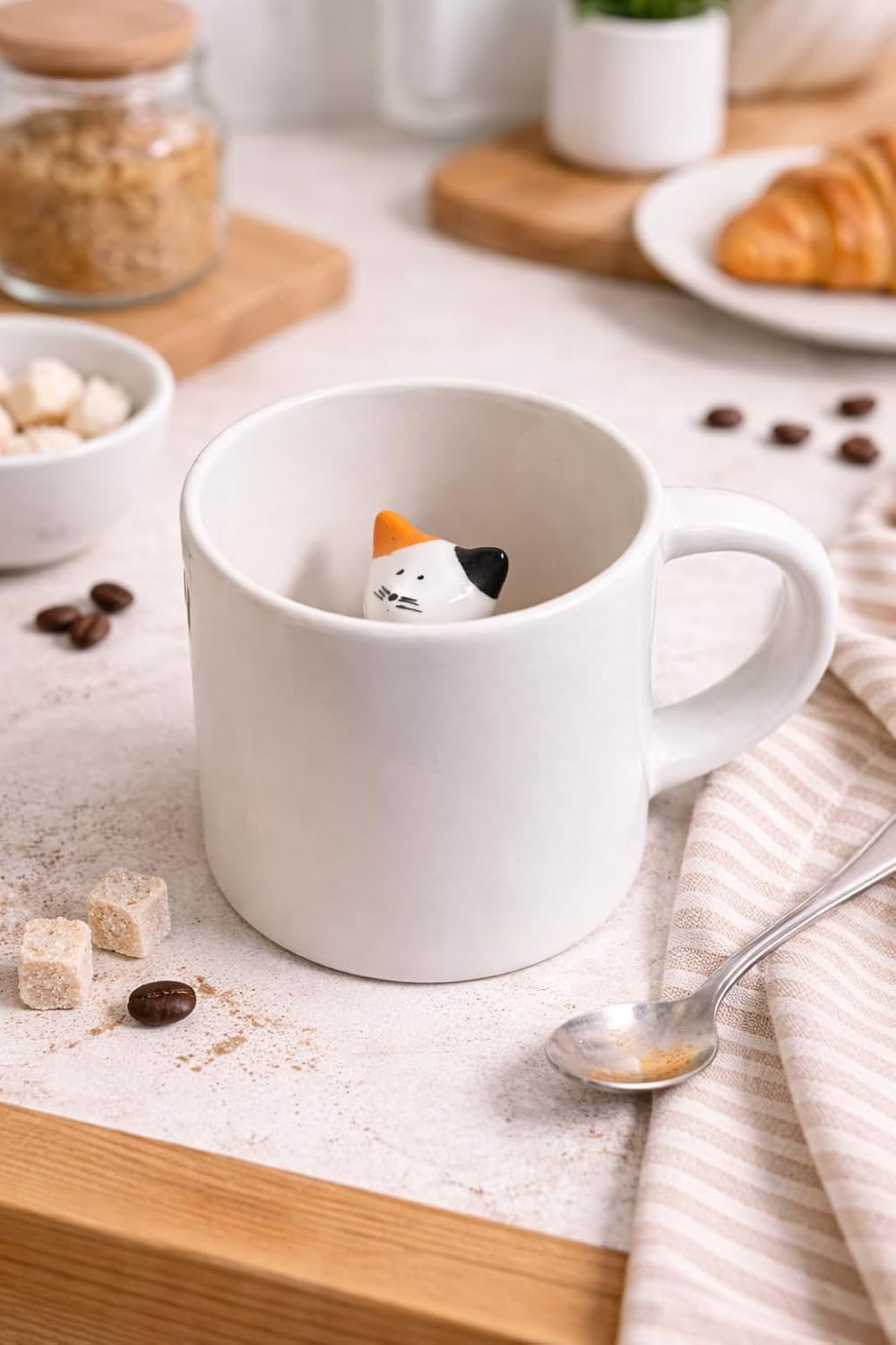 Sürpriz Kedi Figürlü Seramik Kahve Kupası - Gizli Tasarım Mug Bardak