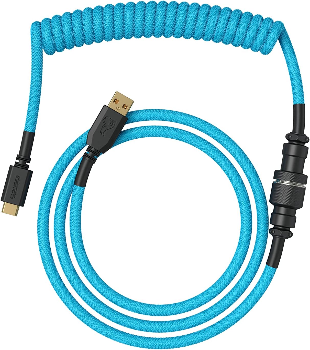 Gaming Premium Coiled Klavye Kablosu - Altın Kaplama USB-A (PC) USB-C (Klavye), Kablo Karışıklığına Karşı Koruma, Çift Örgülü Kılıf, 5 Kutuplu Aviator Fiş - Electric Blue