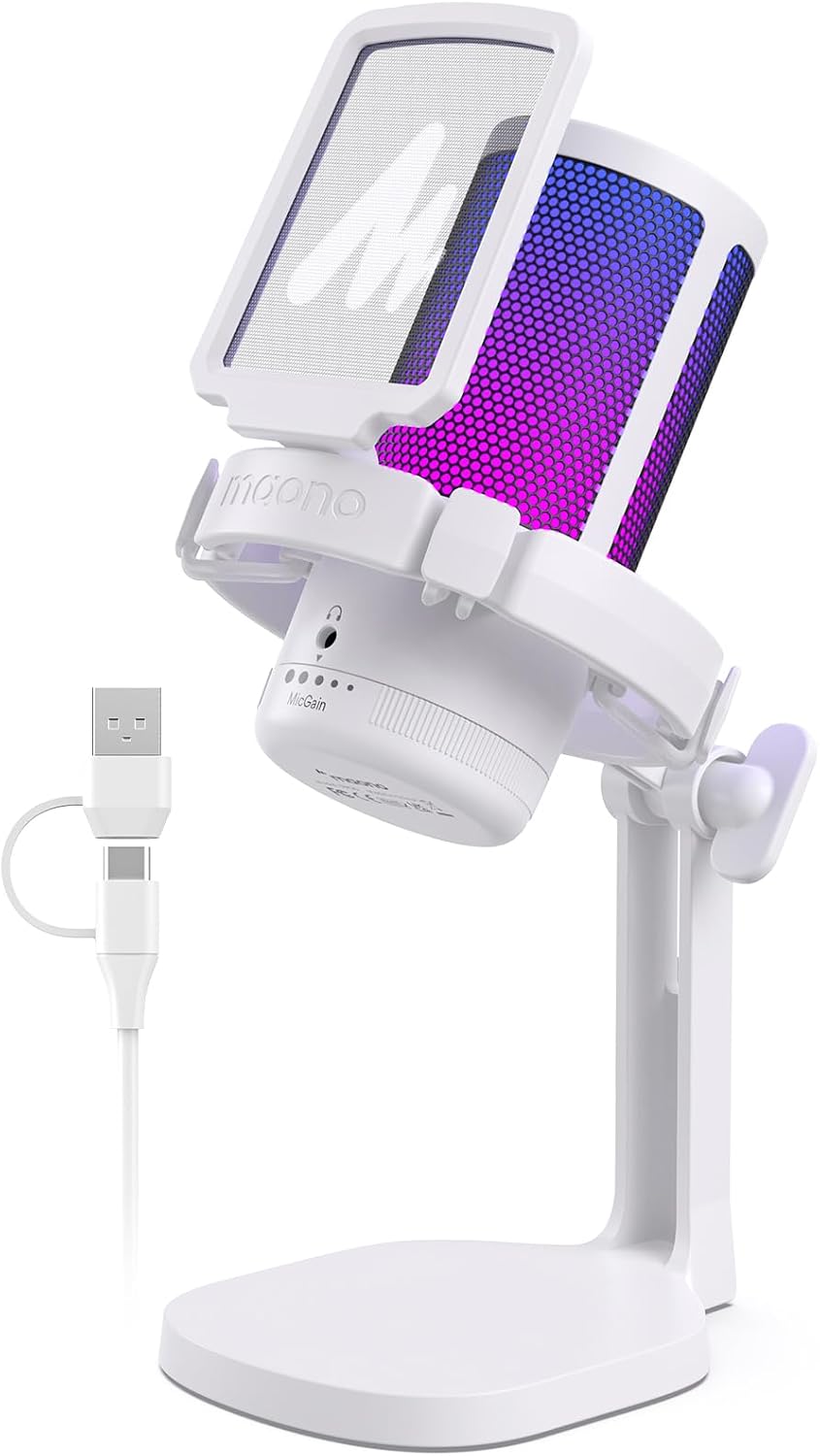 USB Oyun Mikrofonu, Gürültü Engellemeli Kondansatör Mikrofon, Sessizleştirme, Kazanç, İzleme, Pop Filtresi ile Akış, Podcast, Twitch, YouTube, Discord, PC, Bilgisayar, PS4&5, Mac, DGM20, Beyaz