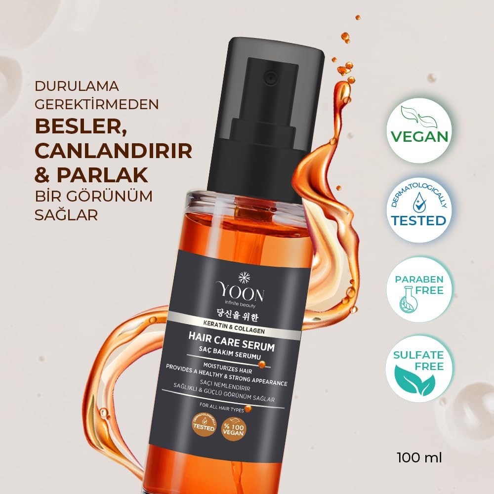 Durulanmayan Saç Bakım Serumu, Nemlendirici ve Besleyici| Keratin ve Kolajen İçerikli| Kırılma ve Yıpranma Onarıcı| Parlaklık & Güçlendirme| Kabarma Karşıtı, Isıdan Koruma|Vegan Saç Serumu, 100ml