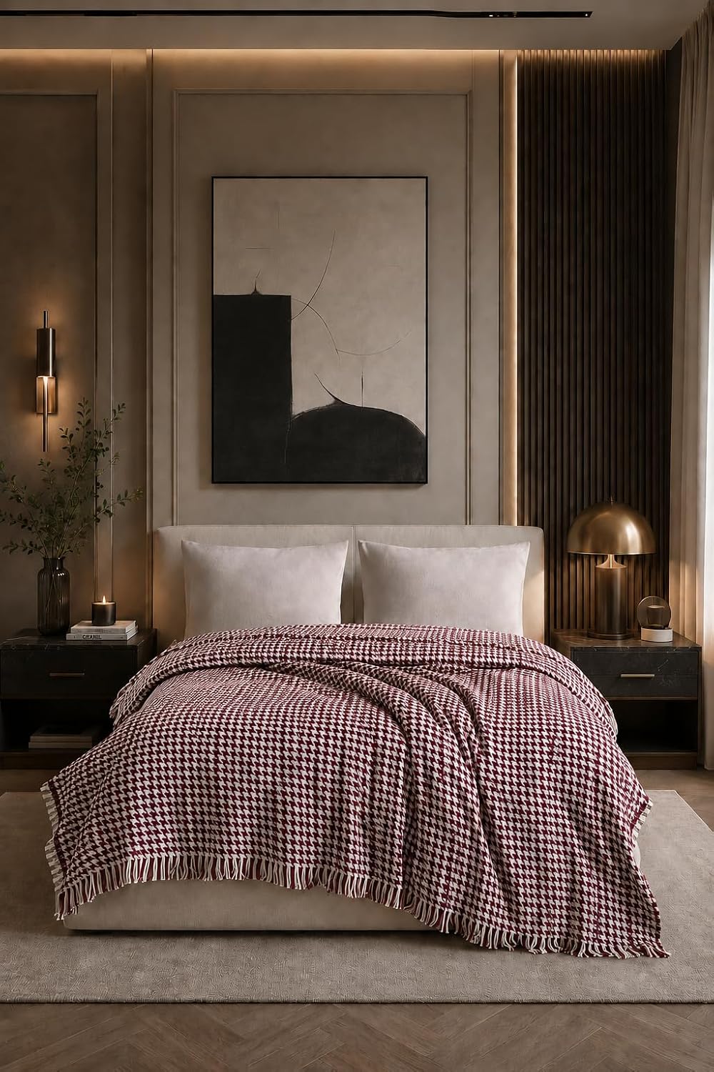 Bordo Çift Kişilik Pike | Kazayağı Desenli Dekoratif Yatak Örtüsü | 200x220 cm Saçaklı