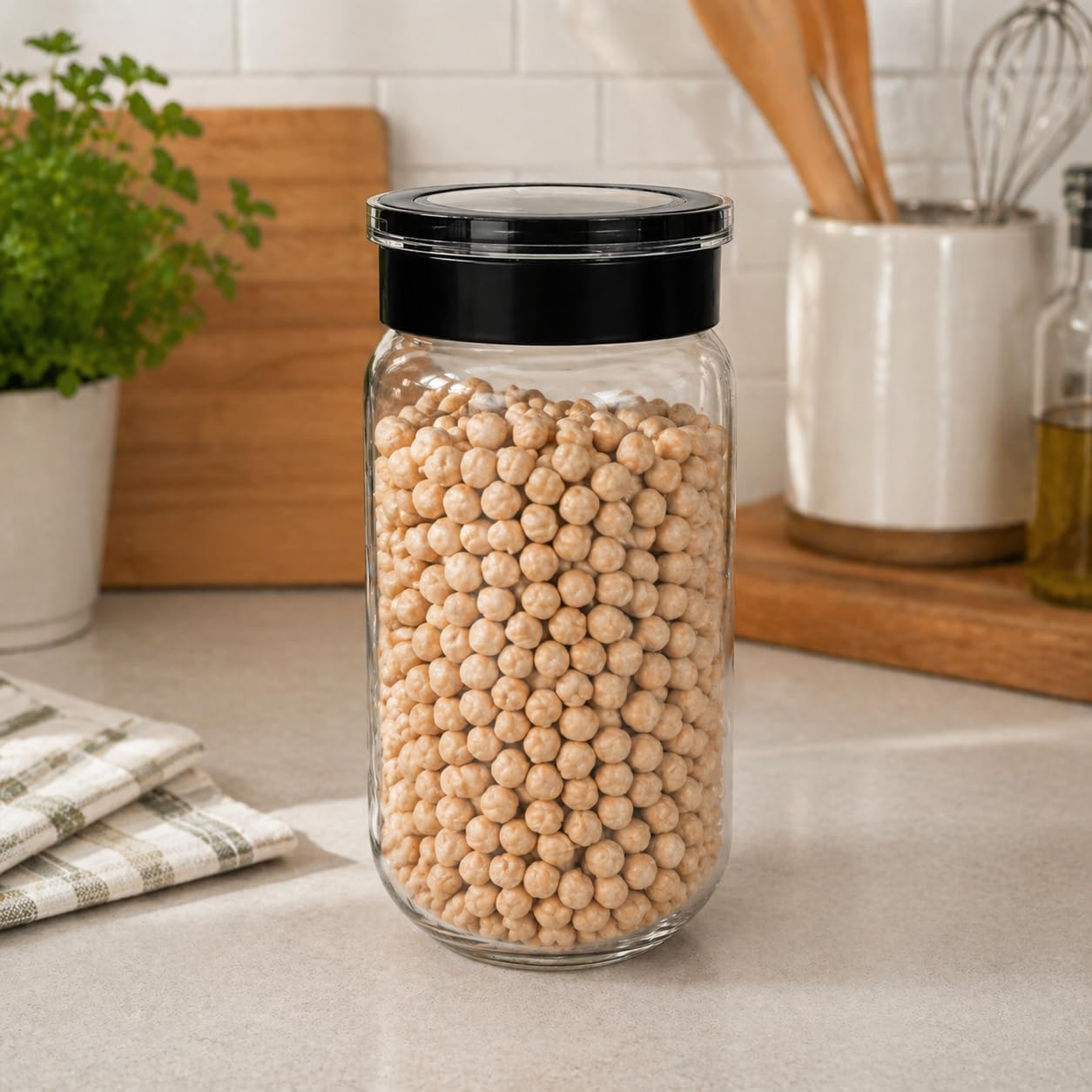 Cam Kavanoz, Cam Saklama Kabı, Hava Sızdırmaz Baklagil Kuruyemiş Kapları Pratik Kapaklı (1000 ml) (Krem)