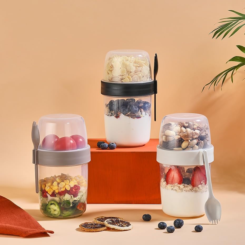 Yoğurt Müsli Granola Porsiyon Saklama Taşıma Kabı L-00977 Kahvaltılık Gevrek 600 + 300 ml Büyük Boy (Siyah)