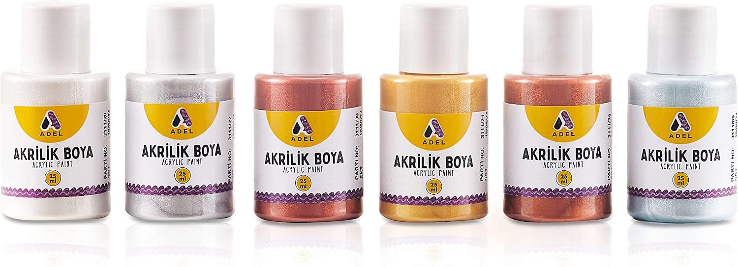 Akrilik Boya Seti, 6’lı, 25 ml, Metalik Renkler, Yoğun Pigmentli, Su ile İnceltirilebilir, Çok Yüzeyli Kullanım
