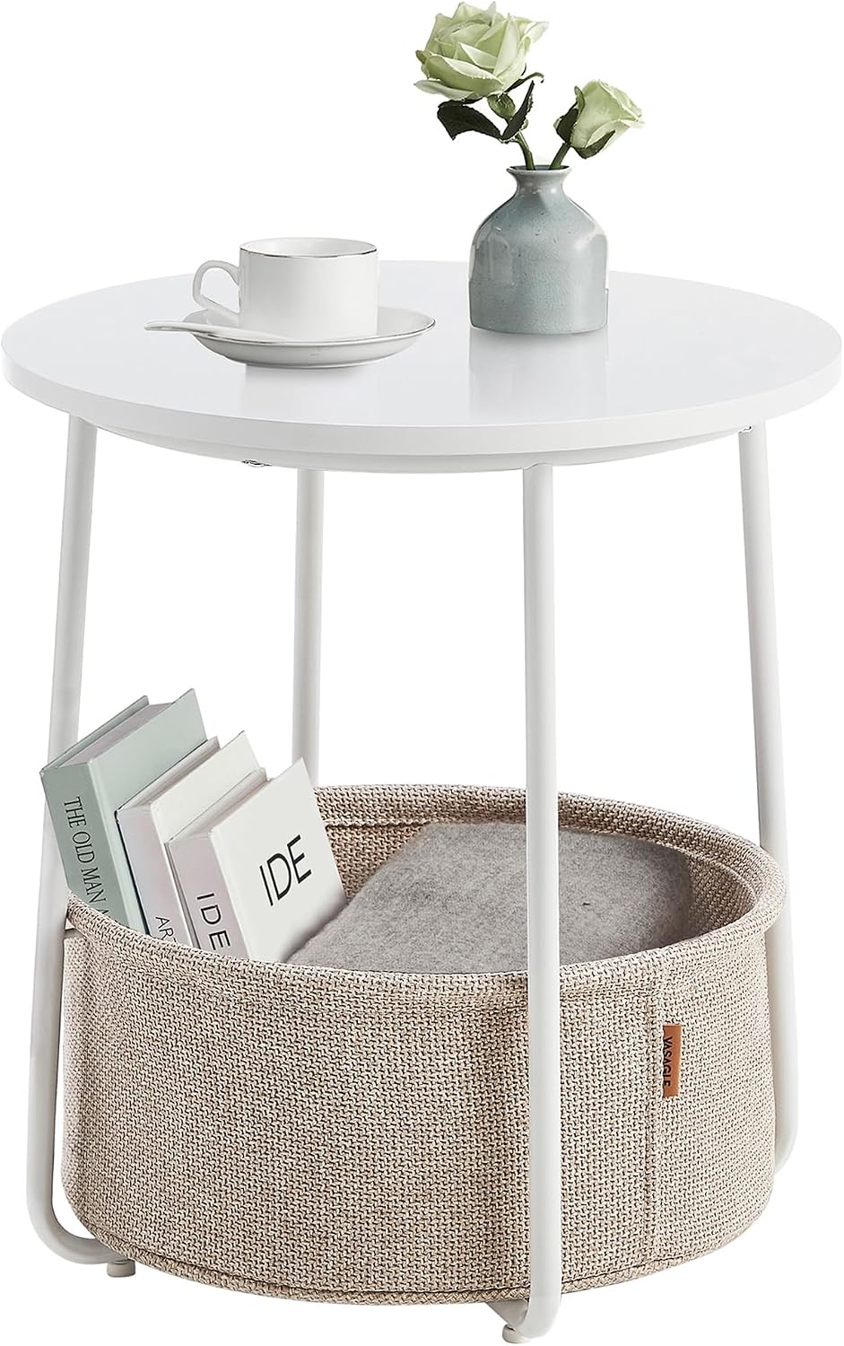 Yuvarlak sehpa, küçük masa, sehpa küçük, kumaş sepetli oturma odası masası, oturma odası, yatak odası için depolama alanı, modern komodin, beyaz-bej LET223W10
