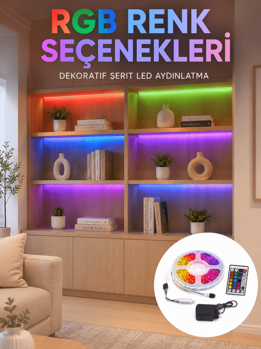 5 Metre Kumandalı RGB LED Şerit 2835 SMD Dekoratif TV Oda Masa Arkası Aydınlatma